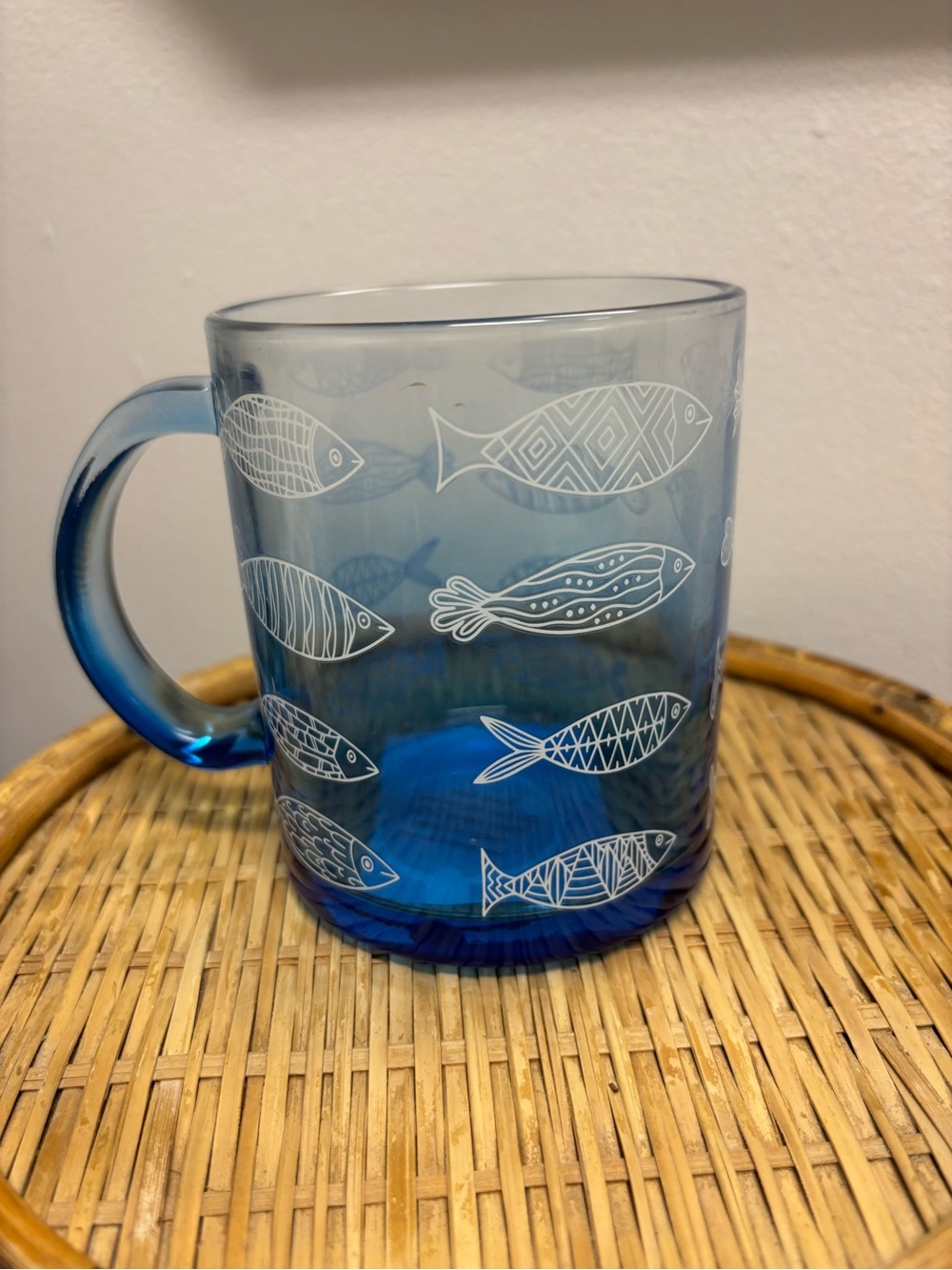 The Spring Shop Blue Glass Mug with White Fish Pattern